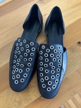 Black Leather D'Orsay Flats with Silver Eyelet Detail size 7.